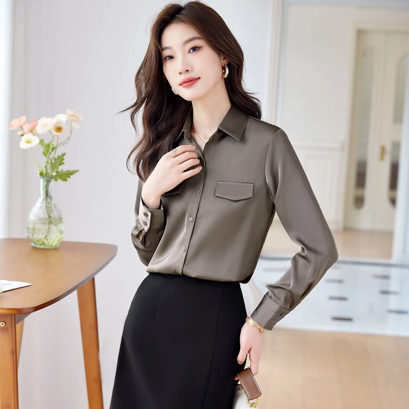 Lenshin New Fabric Smooth and Soft Turn-down Collar Shirt for Women Blouse Elegant Tops Long Sleeve Office Lady Work Wear