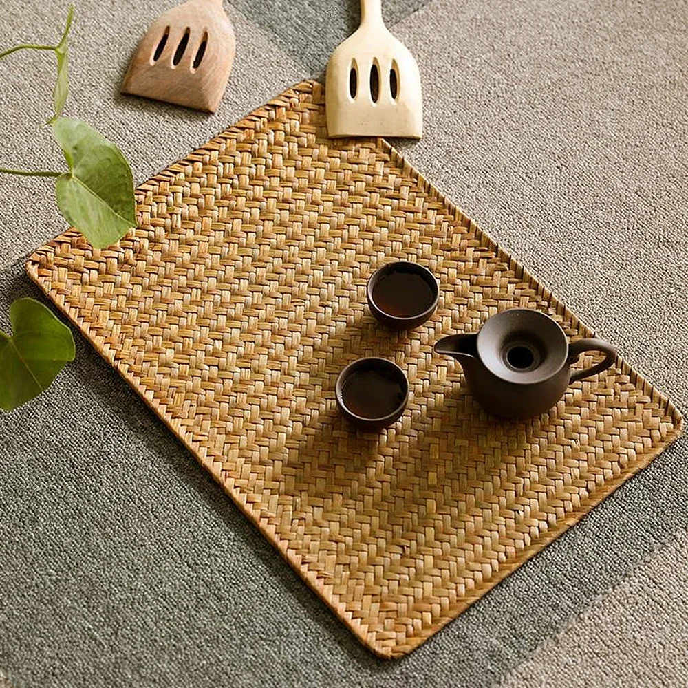 

Natural Seagrass Place Mat Hand-Woven Rectangular Rattan Placemats Straw Tea Cup Mat Potholder Kitchen Tableware Accessories