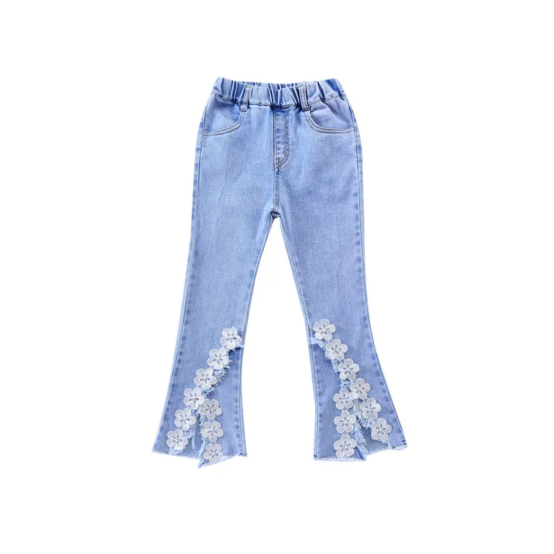 Jean en Denim pour filles de 5 à 14 ans, pantalon élégant et mignon, extensible, joli, avec fleur en dentelle, pour adolescents, printemps