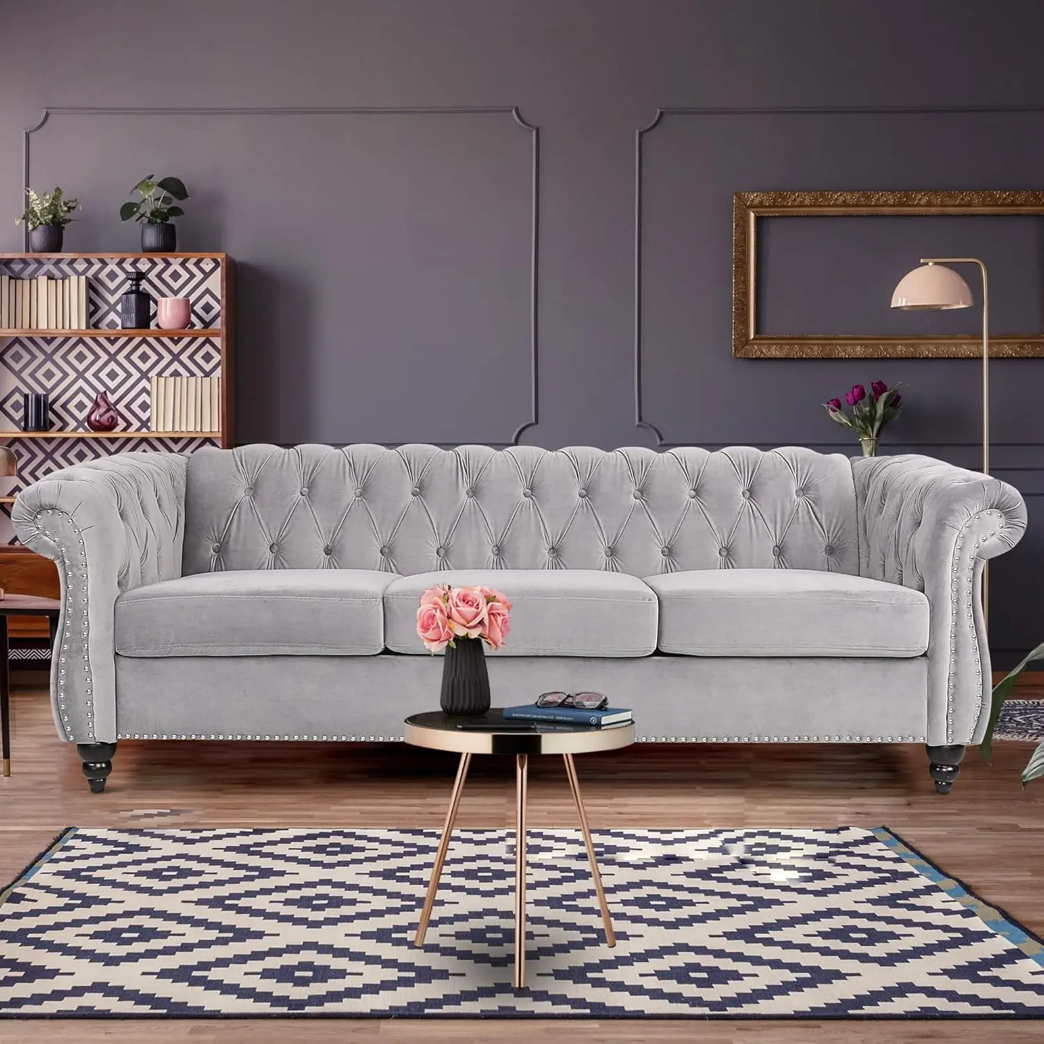 

Chesterfield Sofa, Modern Tufted Velvet Couch 3 Seater with Scroll Arms and Nailhead for Living Room, Bedroom, Office, Apartment