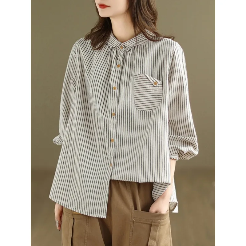 

Loose Fit Striped Long Sve Cotton Linen irt Artistic Vintage Women's plus Size Spring New Sle Top Casual Ele