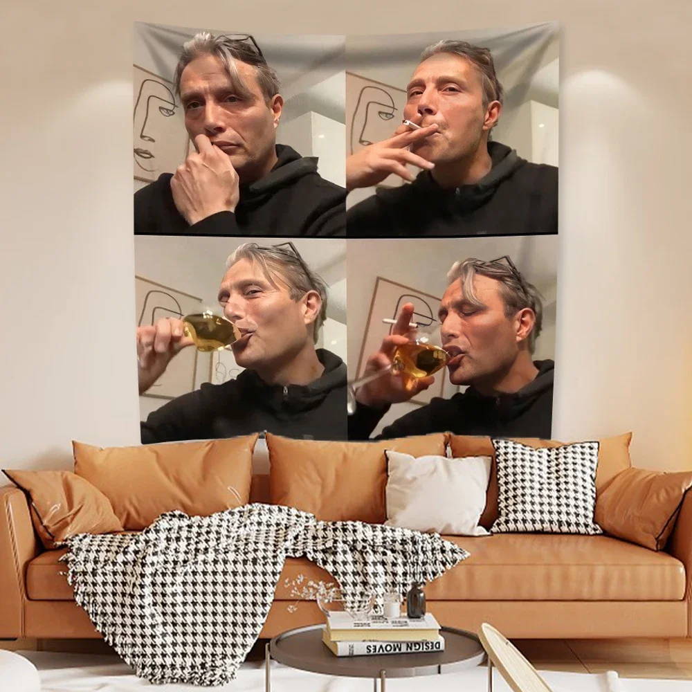 XxDeco Actor Mads Funny Meme Tapestry Mikkelsen Home Decoration Bedroom Dorm Background Cloth Wall Hanging Covering Friend Gifts