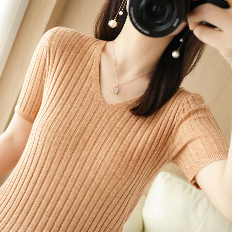 2022 New Women\'s V-neck Short-Sleeved Cashmere Sweater Pullover short sleeve Soft