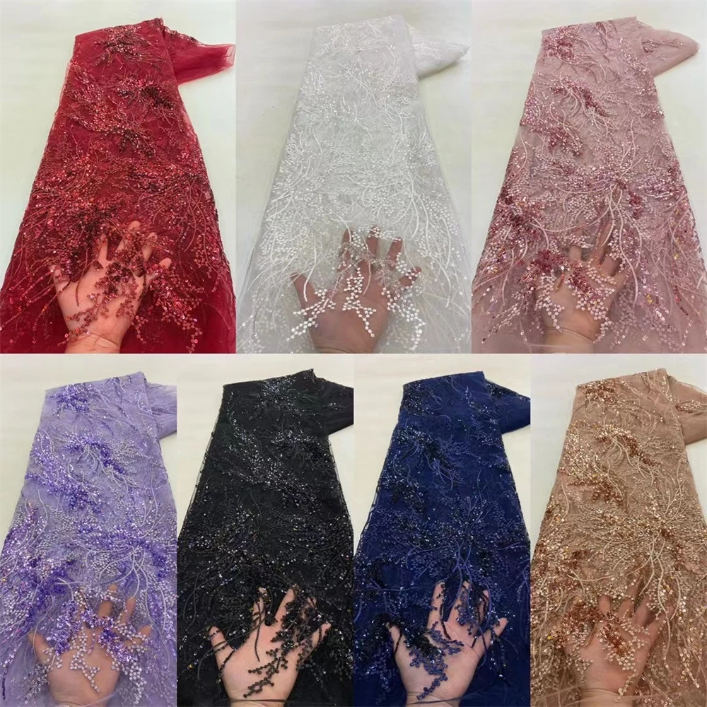 Luxury African Sequins Lace Fabrics High Quality 5 Yards Embroidery French Nigerian Tulle Lace Fabric For Wedding Party Sewing