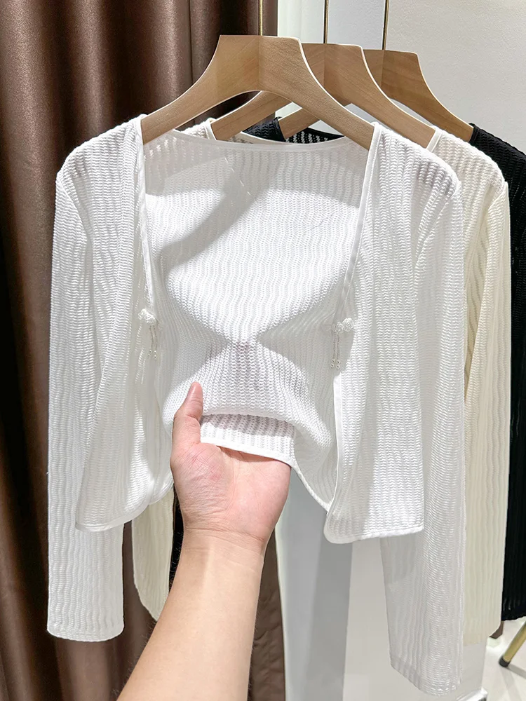 

Новая китайская летняя дышащая тонкая сетчатая накидка-туника с V-образным вырезом и кружевом для женщин, в стиле халата