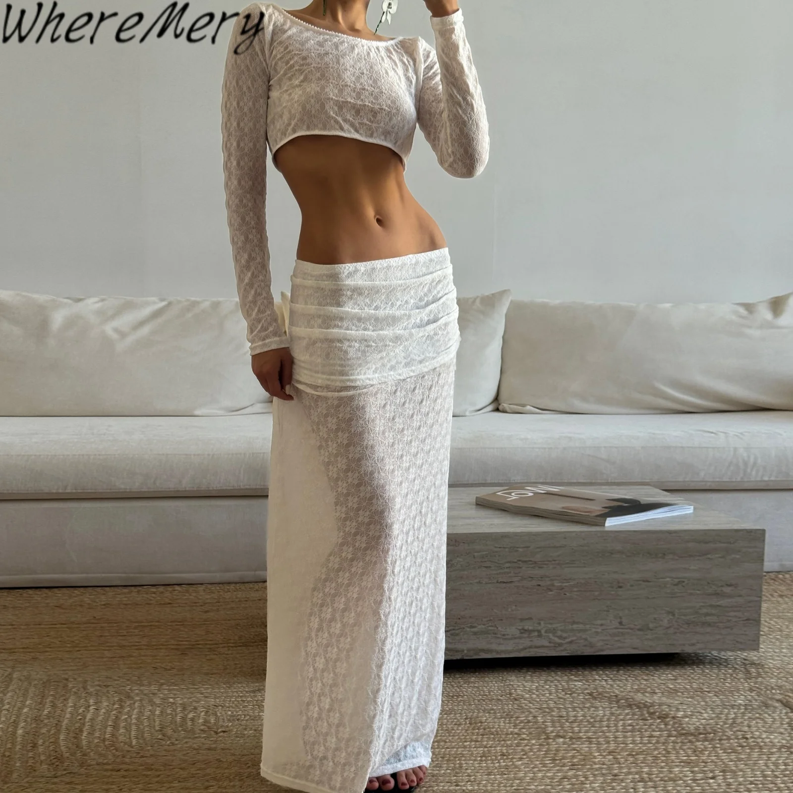 

WhereMery Кружевной однотонный укороченный топ с открытыми плечами и длинными рукавами с высокой талией, ажурная макси-юбка, модный женский комплект из 2 предметов для вечеринок и клубов