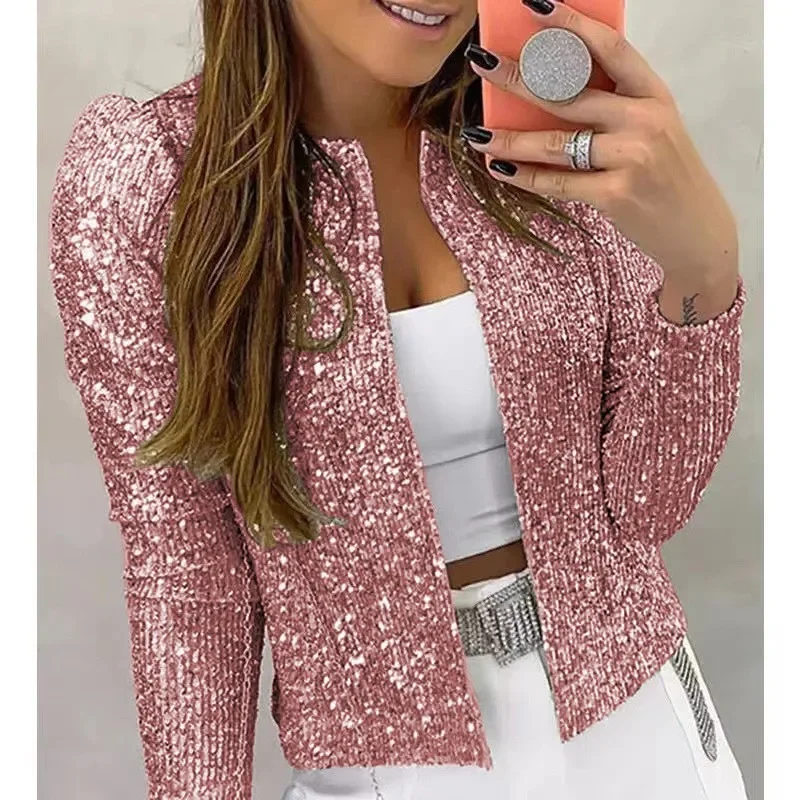 Veste à paillettes à manches longues pour femmes, Streetwear monochrome, Vêtements d\'extérieur élégants pour dames de bureau, Combinaison courte,