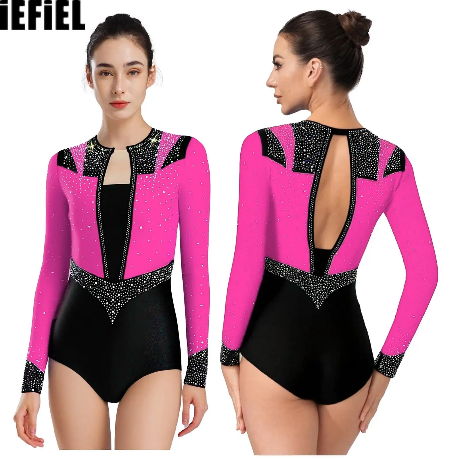 

Womens Figure Skating Leotard Gymnastics Dance Leotard Shiny Rhinestones Back Hollow Long Sleeve Contrast Color Bodysuit