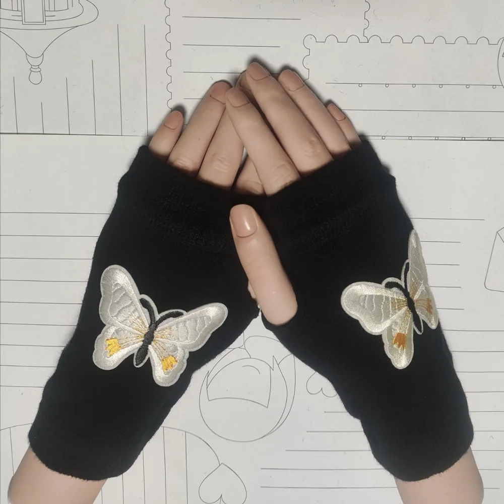 Guantes de punto de algodón, adecuados para todas las estaciones, guantes de baile, elásticos, sin dedos, Mariposa Negra, hombres y mujeres