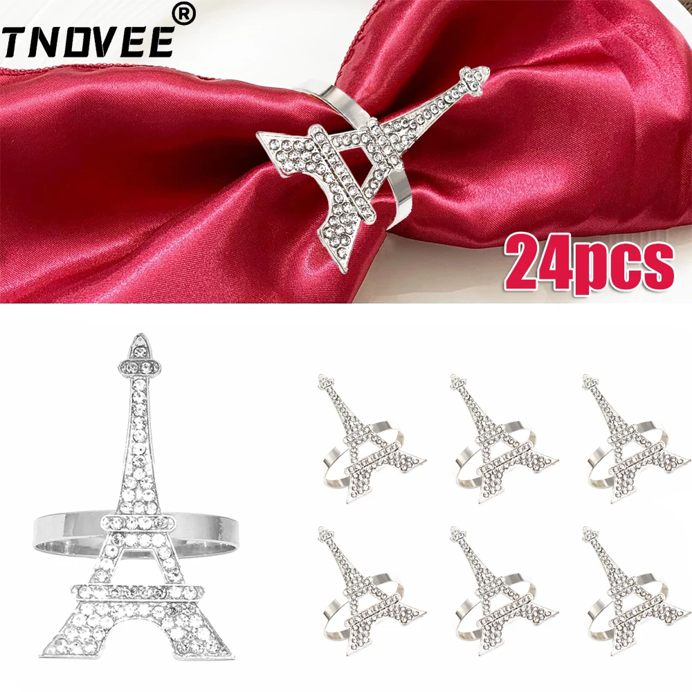 24Pcs Rhinestone Eiffel Towers Napkin Ring Bling Crystal Napkin Holder for Wedding Banquet Home Party Dining Table Decoration