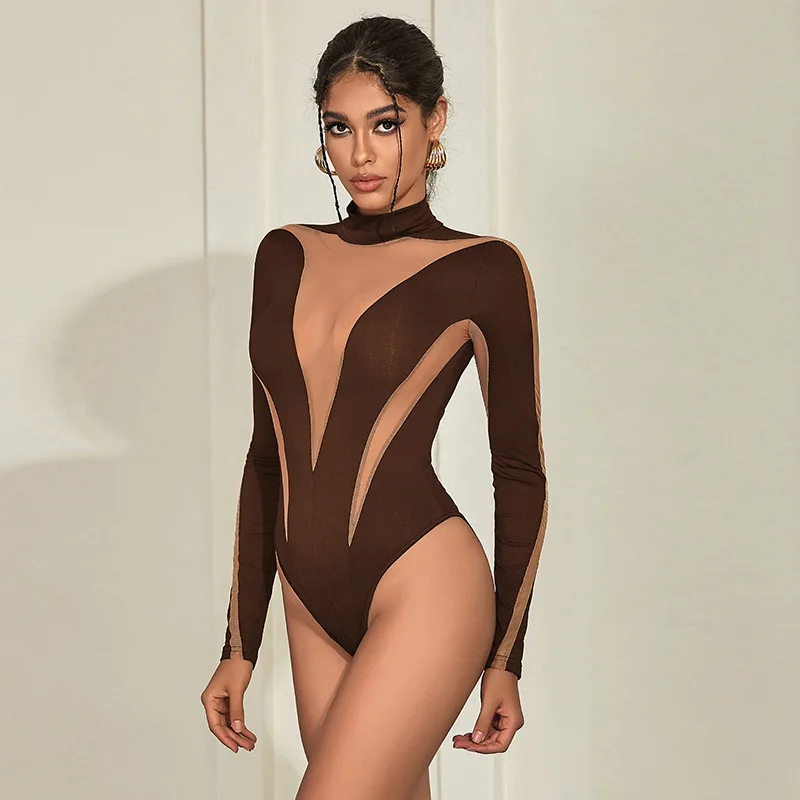 Women Sexy Bodysuits Mesh Patchwork Turtleneck Long Sleeve Rompers Female T Shirt Streetwear Transparent Cosplay Party Bodysuit