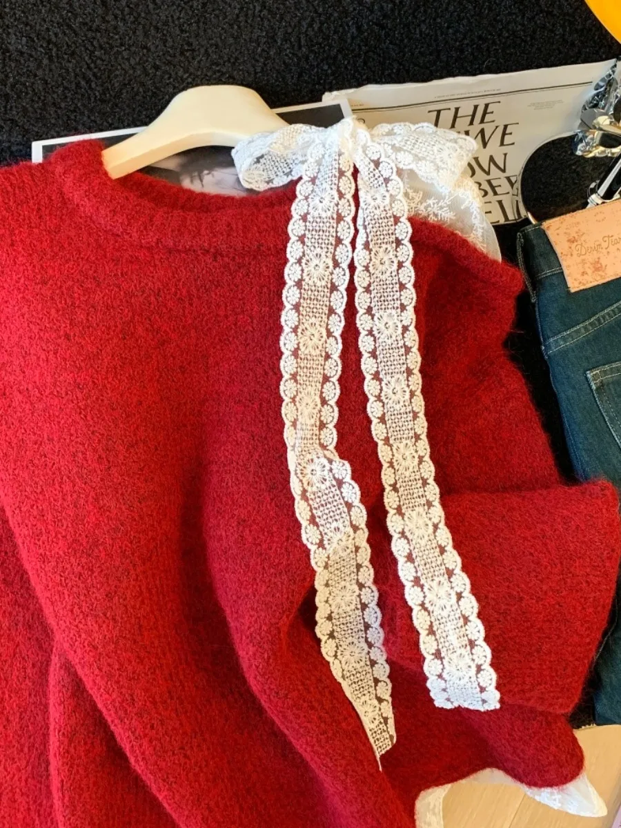 Cisas Aosphere الأحمر عقدة الدانتيل الربط oulder عارية سترة المرأة الخريف الشتاء فضفاض Sle النسخة الكورية #3