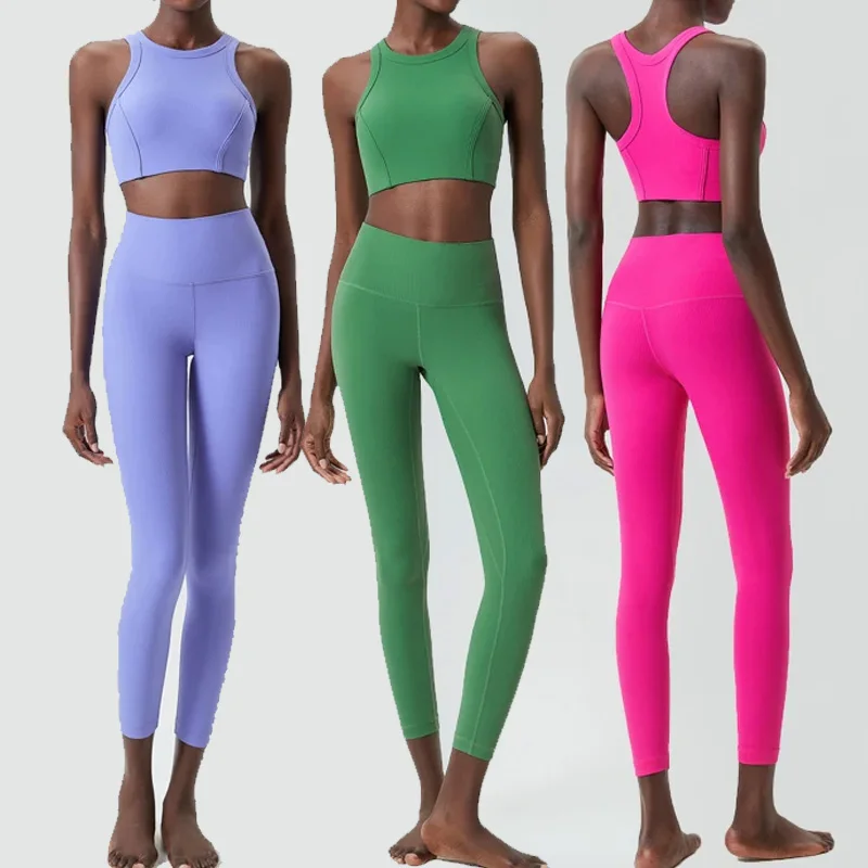 

High Quality Yoga Set 2 Pieces Gym Suit Women Ribbed Fabric Fitness Slim Fit Stretchy Running Sportswear Workout Clothes 422