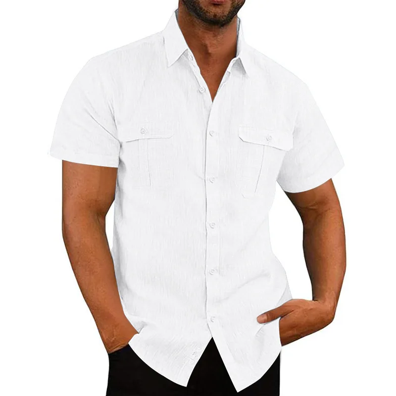 Men Linen‑Blend Short Sleeve Cargo Shirt, Turn‑Down Collar Button‑Up Top With Dual Chest Pockets