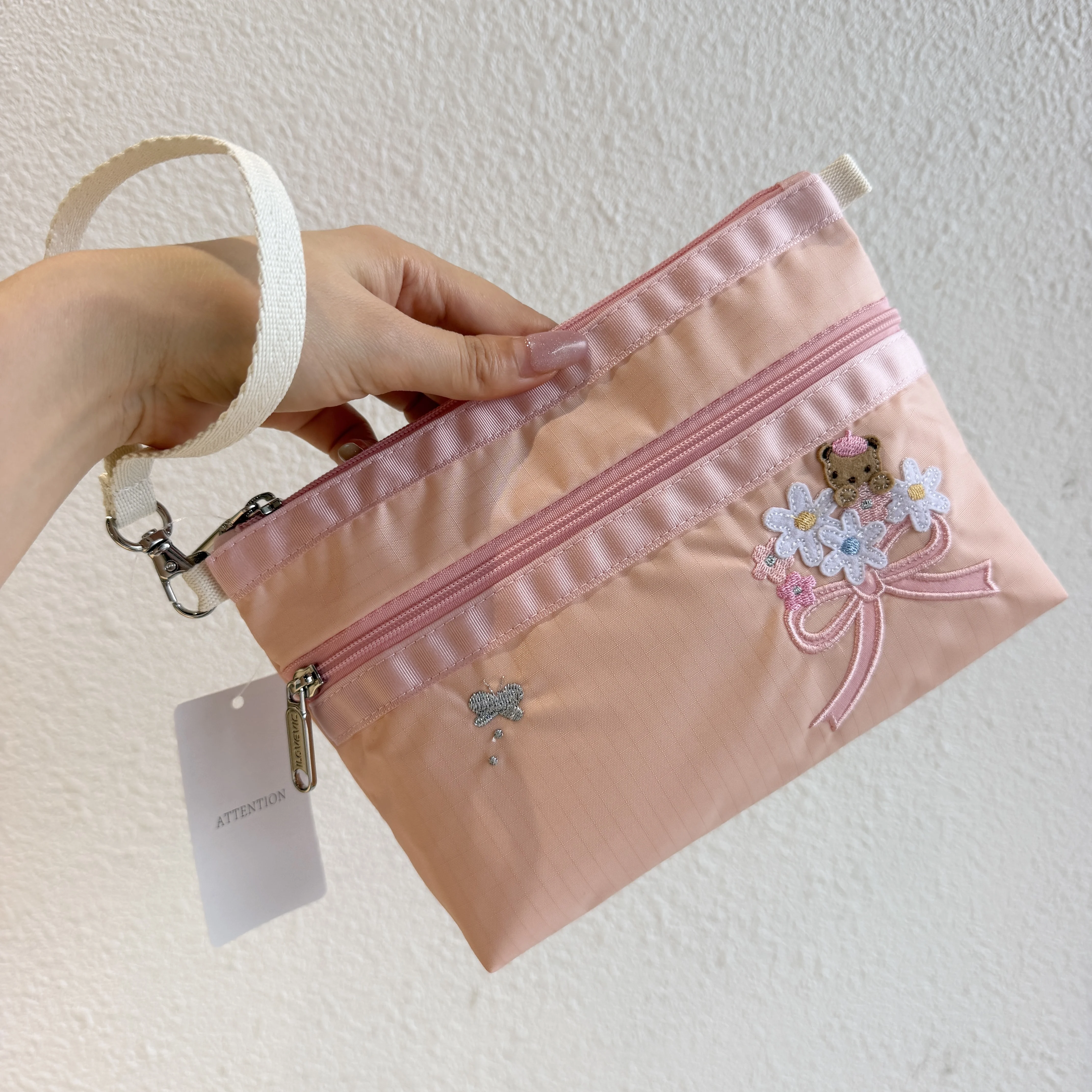 Cute Cartoon Bear Embroidered Handbag Casual Mobile Phone Bag Makeup Pouch Double Layer Handheld Bag Women's Fashion Bag