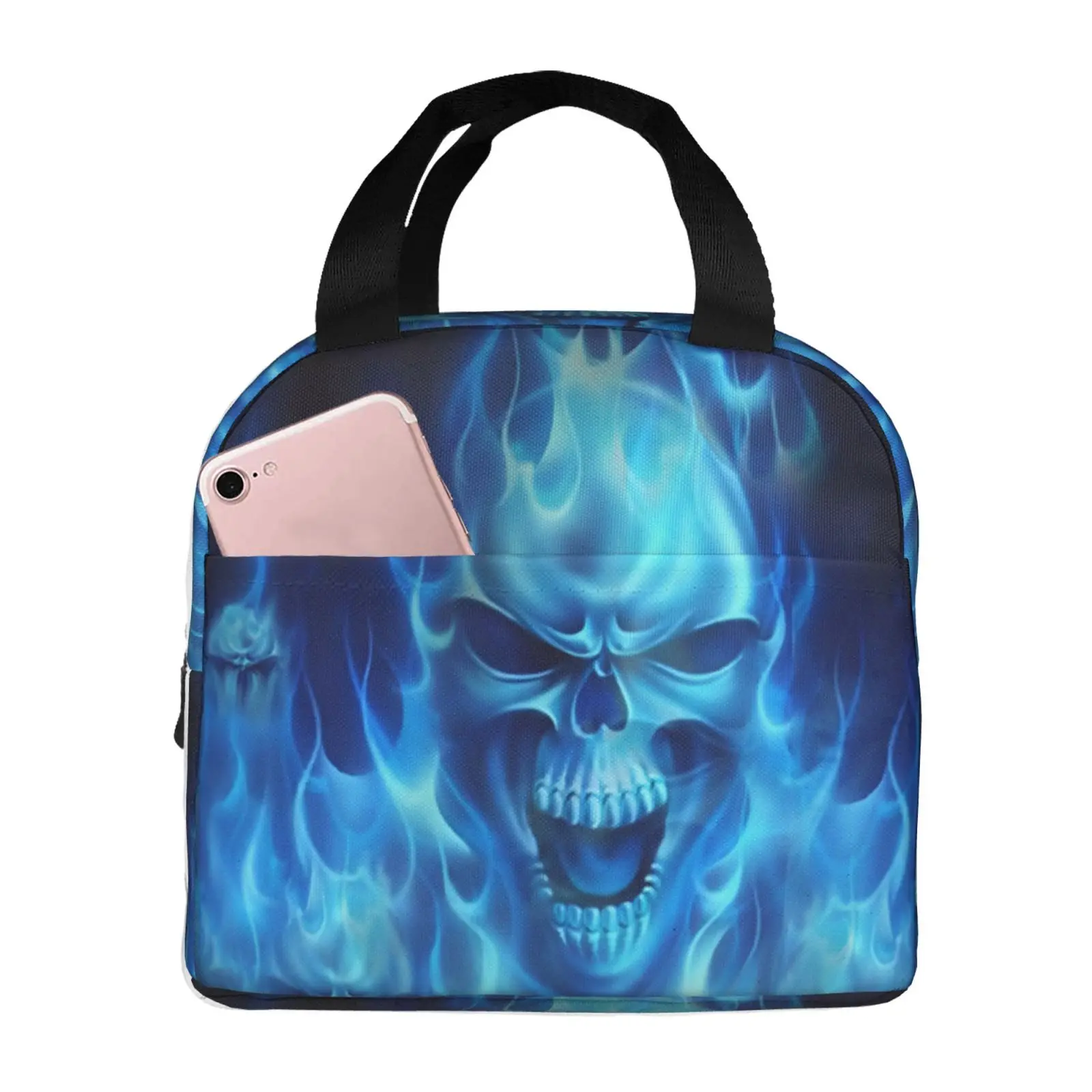 Skull Blue Fire Lunch Bag Large Capacity Thermal Insulated Lunch Tote Lightweight Women's Lunch Box Bag for Work School Picnics