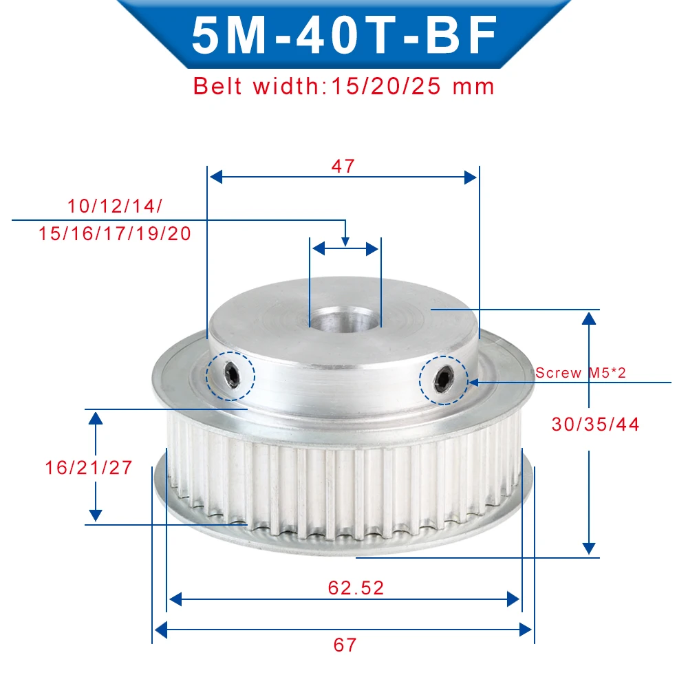 5M-40T Pulley Inner Bore 10/12/14/15/16/17/19/20 mm Aluminum pulley wheel Slot Width 16/21 mm For Width 15/20 mm 5M-timing belt