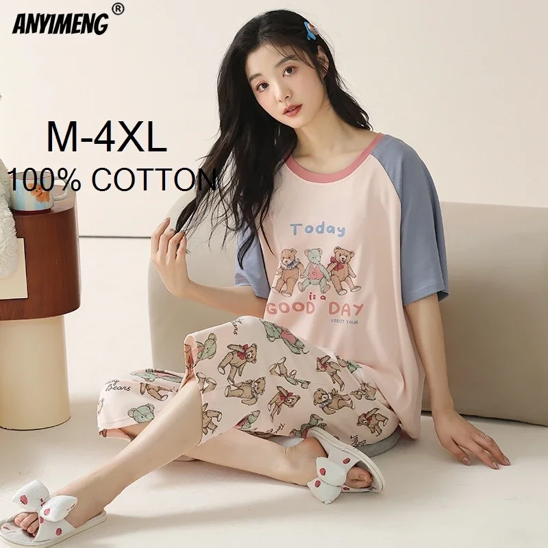 100% Cotton M-4XL Women Pajamas Set Summer Sleepwear Short Sleeve Knee-length Pants Nightwear Capris Loungewear Cartoon Pijama