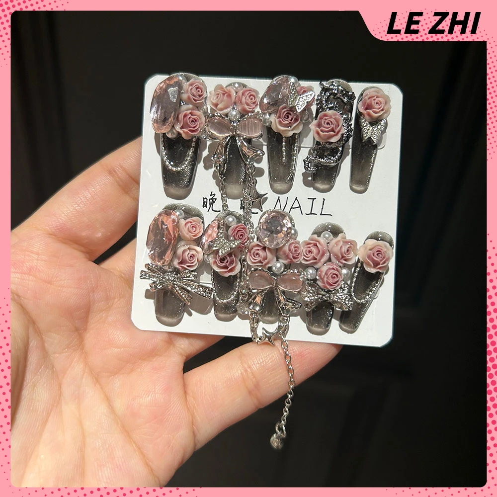 Luxury Court Romantic Rose Handmade Press On Nail Golden Butterfly False Nails 3D Rhinestone Pearl Detachable Full Cover Nails