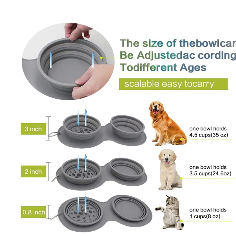 Dog Portable Bowl Outdoor Pet Food Double Bowls Foldable Non-slip Anti-choking Slowly Feed Silicone Cat Travel Bowl Pet Supplies