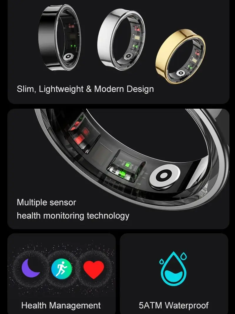 Smart Ring R09 Heart Rate Blood Oxygen Sleep Monitor Step Count Distance Calories 5ATM Waterproof Multi Sports Modes Smart Ring