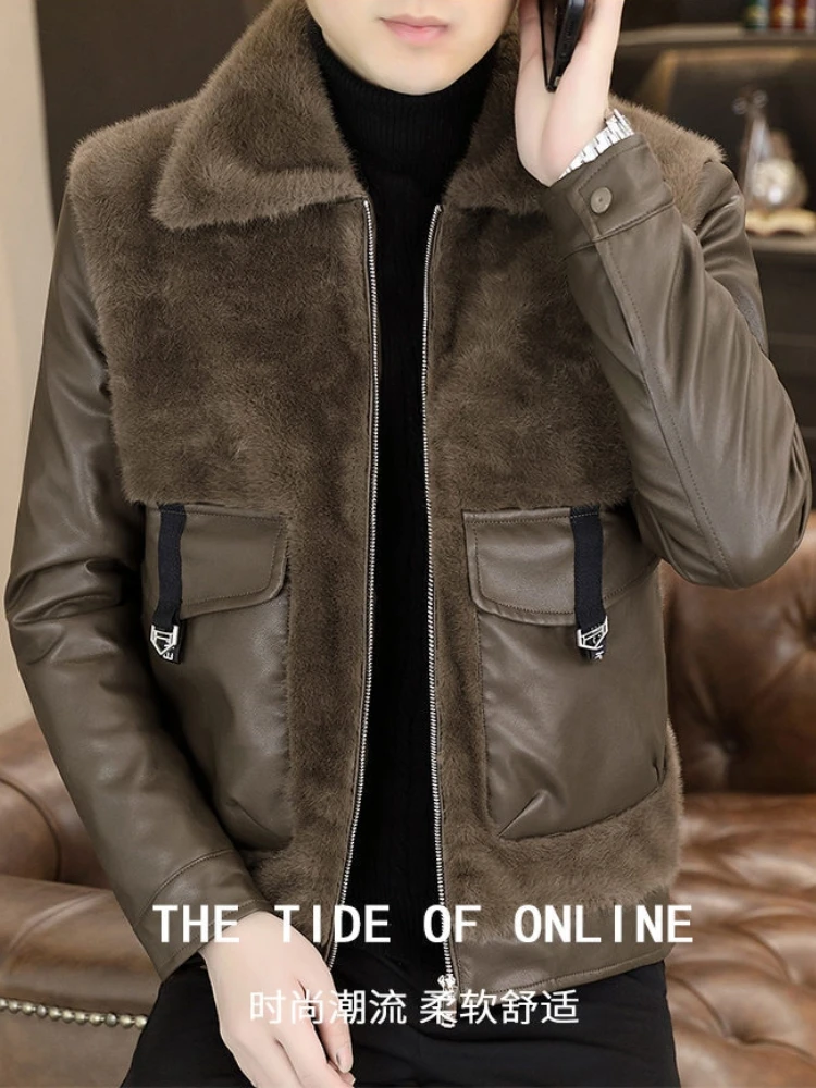 Winter Leather and Fur Integrated Jacket Men Thickened and Warm Faux Fur Jacket Casual Business Social Overcoat Men Clothing