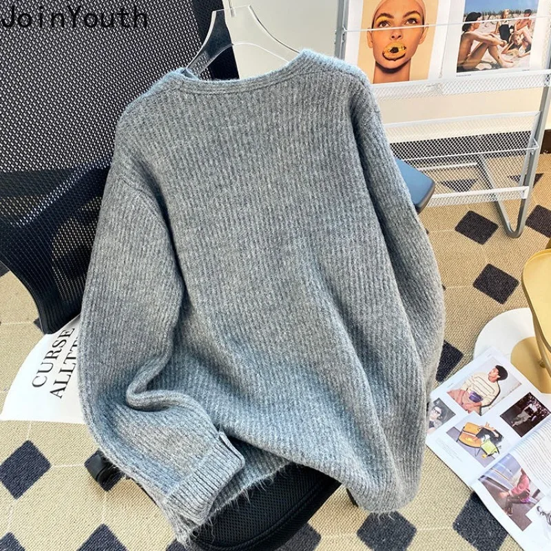 Oversized Pullovers Women Fall Winter Clothing Thicked Jumper V-neck Casual Fashion Knitted Sweater Y2k Tops Korean Sueter Mujer