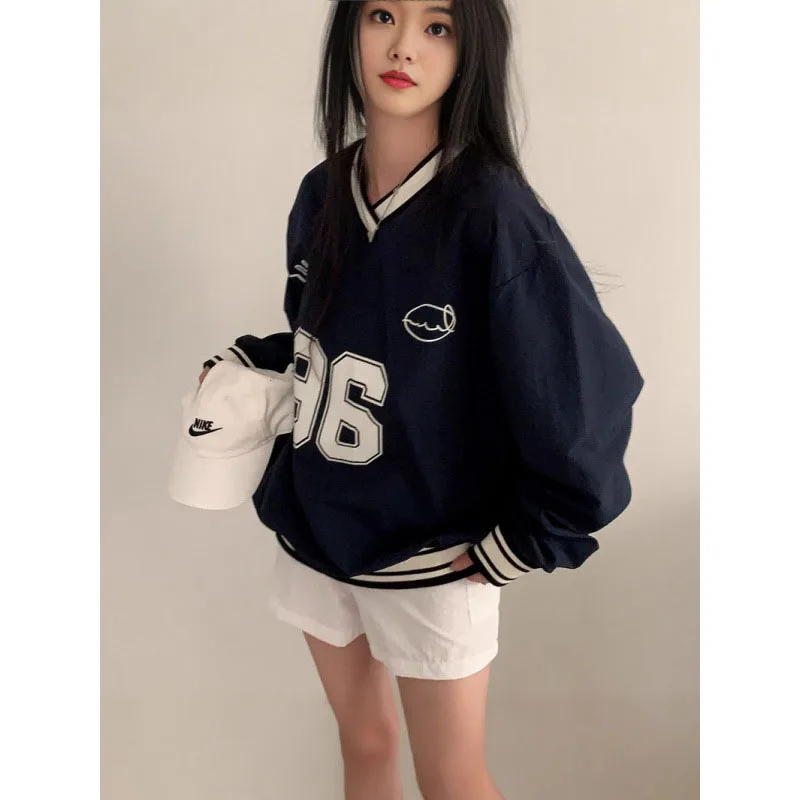Baseball Girl Style Youthful Navy V-Neck Color Block Print Sweatshirt, Loose Casual Thin Long Sleeve