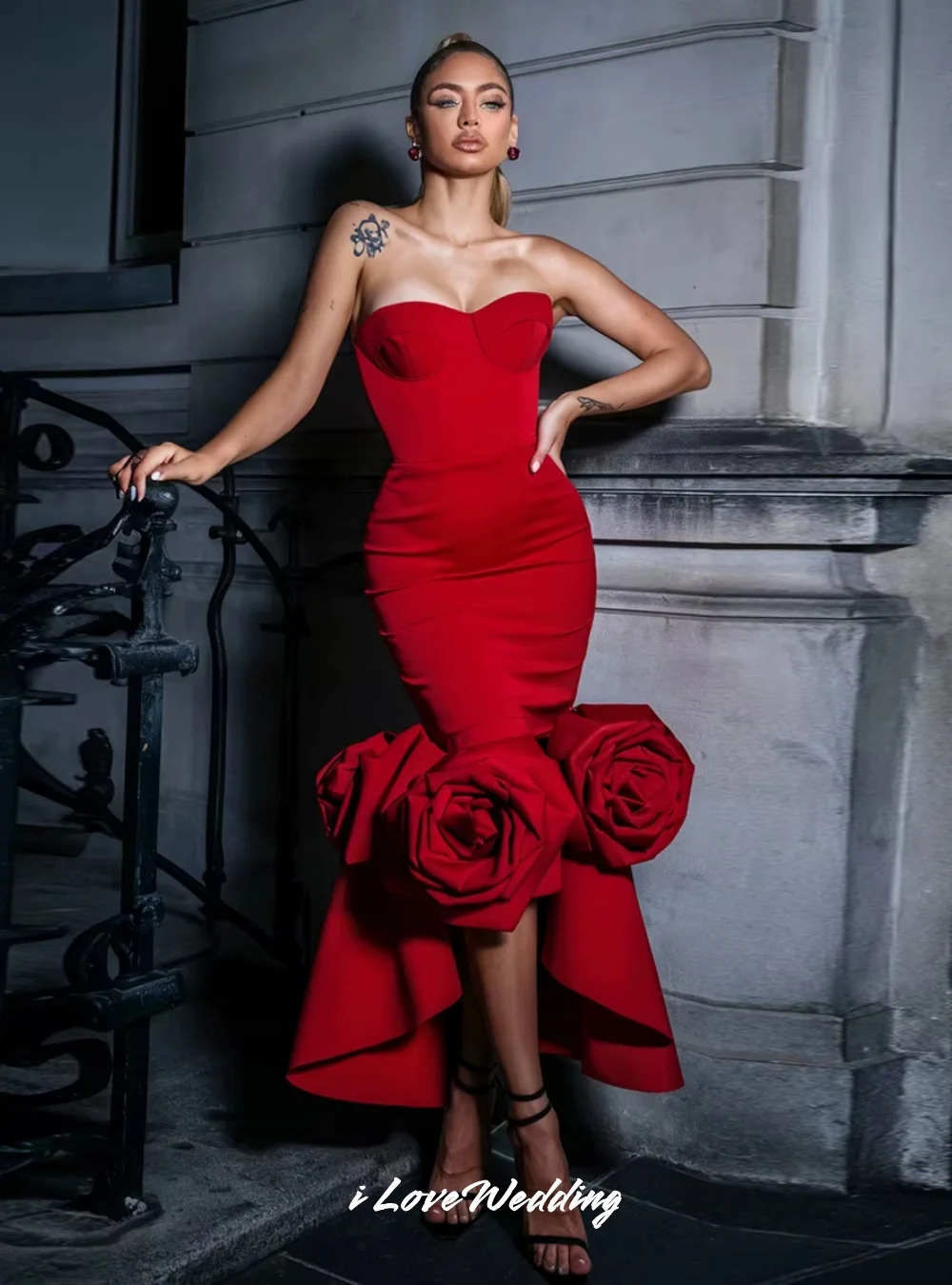 

Красные вечерние платья без бретелек 2025 года, без рукавов, милая, русалка, 3D цветок, плиссированные, длиной до щиколотки, свадебные платья по индивидуальному заказу