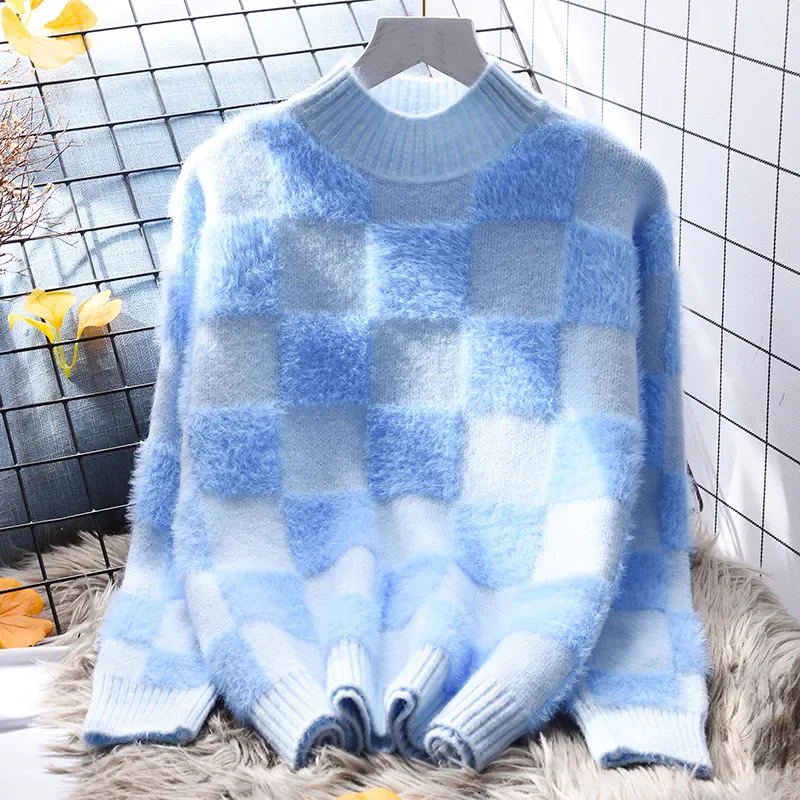 

Half-Turtleneck Plaid Pullover Sweater Women's Outer Wear New Autumn Winter Korean Soft Waxy Warm Knitted Pullover Sweater Tops