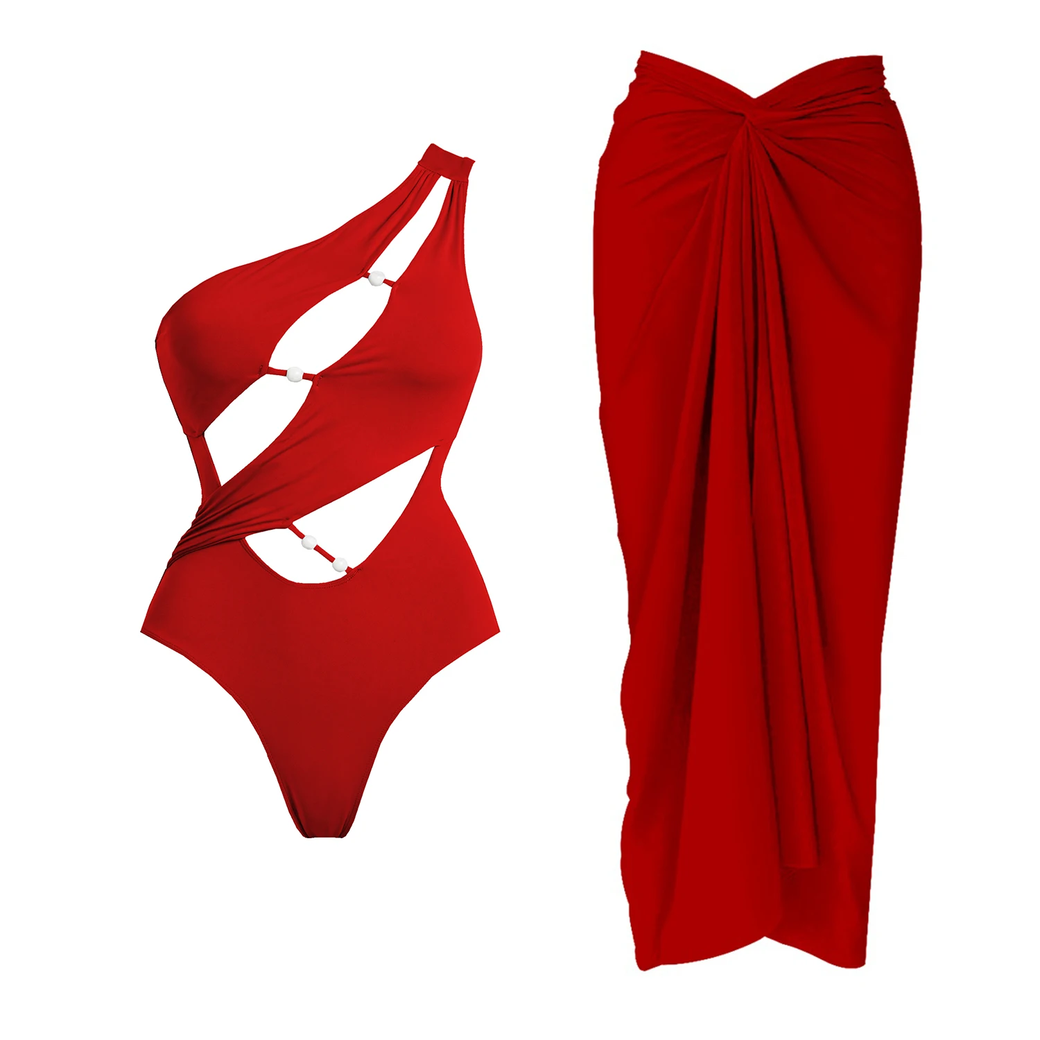 2Pc One Shoulder Swimsuit Women Sexy Bikini Push Up Swimwear Hollow Swim Suit Female Bandeau Biquini Solid Bathingsuit Beachwear