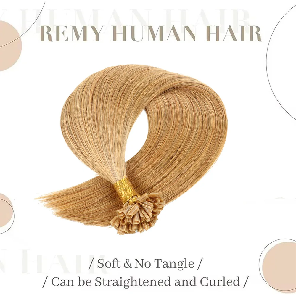 Straight U Dica extensões de cabelo, cabelo humano, Remy Hair, Honey Blonde, Nail Hair, 100 fios por pacote, #27