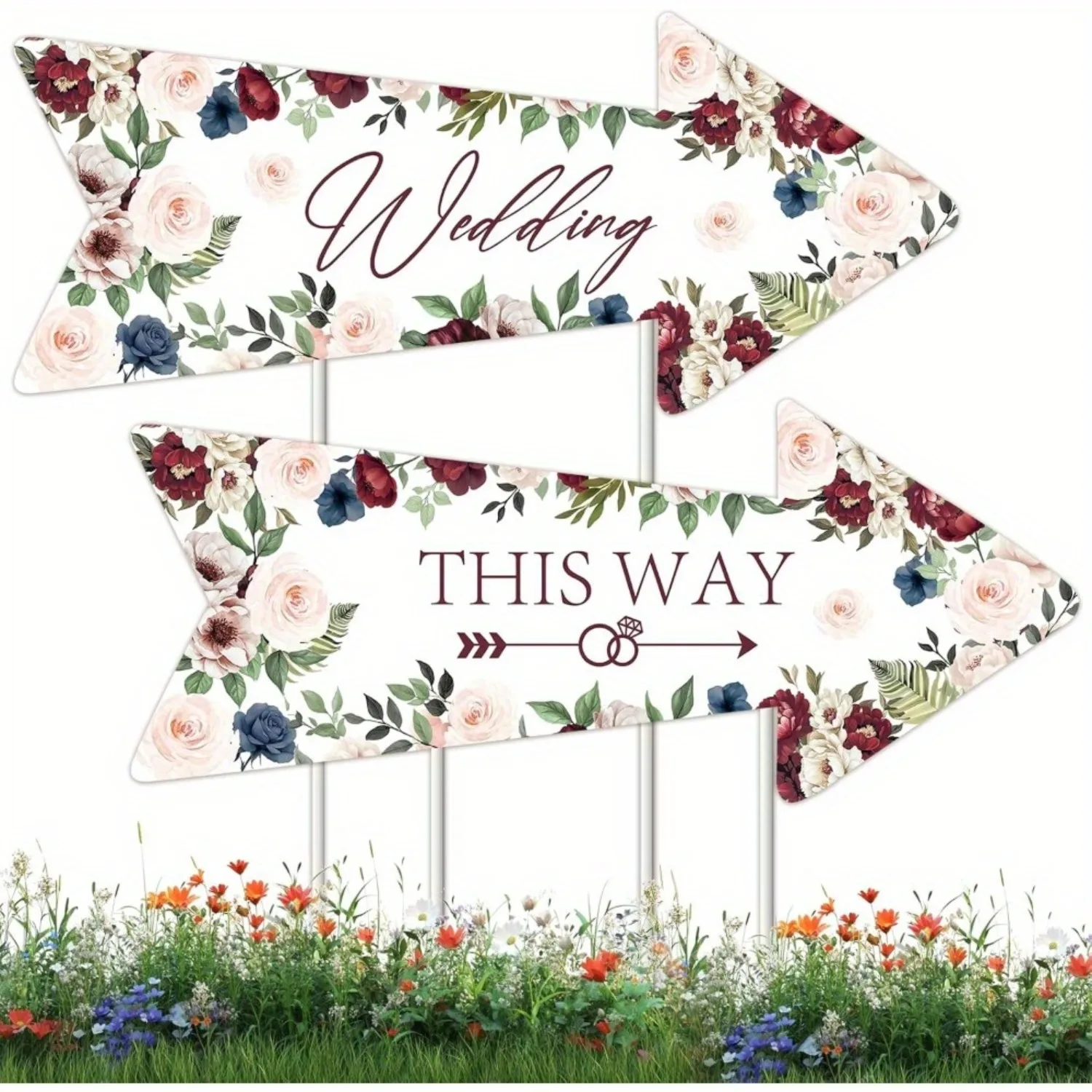 Wedding Directional Road Sided Waterproof Wedding This Way Signs with Stakes Burgundy Floral Wedding Welcome Parking Signs