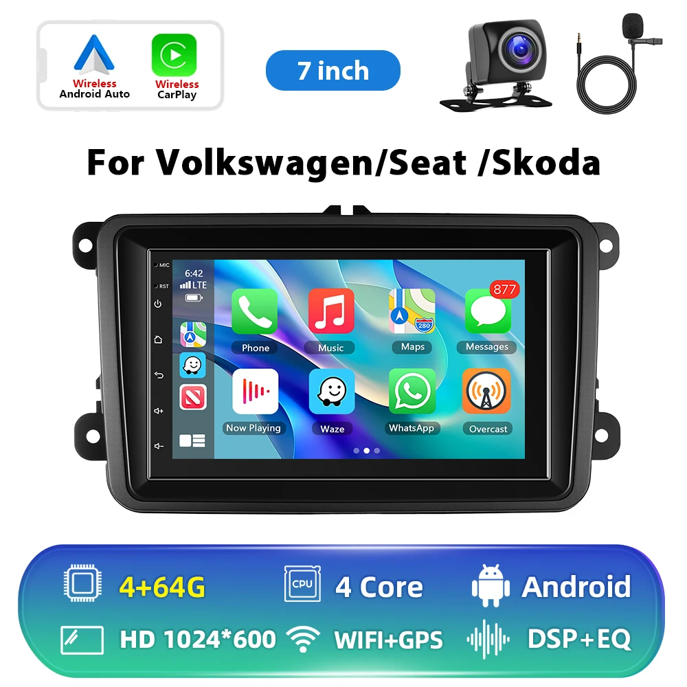 Podofo 6+128G Android 2Din autoradio met Carplay, Android Auto, GPS, FM-ontvanger, AI-stem, DSP voor VW, Seat, Skoda, PASSAT, GOLF
