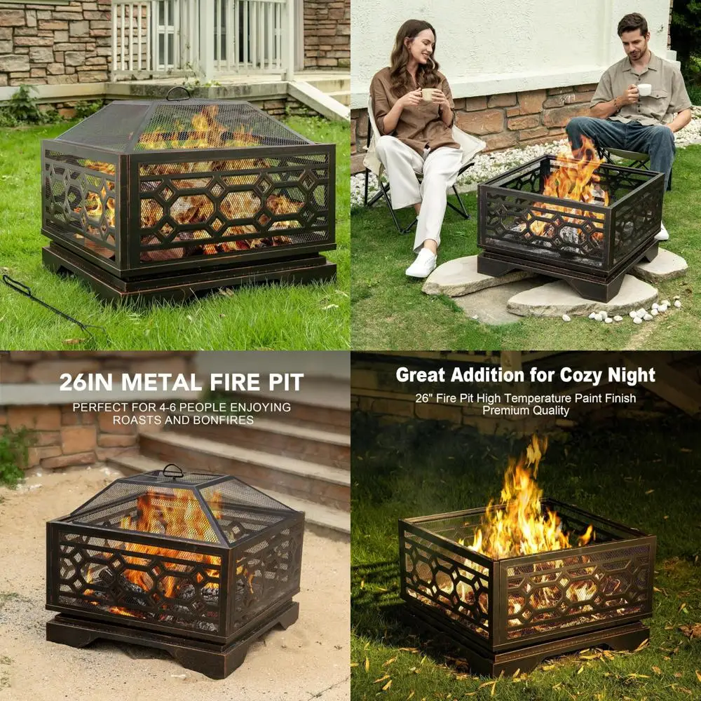 

Outdoor Fire Pit, 26 Inch Wood Burning Firepit for Outside with Mesh Cover & Fire Poker, Large Square Metal Fireplace for Patio,