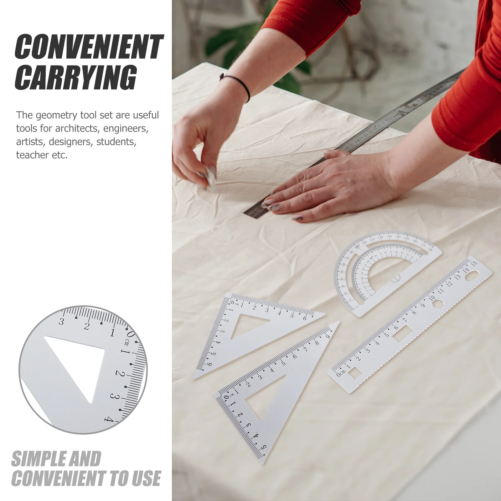 مجموعة واحدة من أدوات مكتبية مسطرة معدنية يمكنك صنعها بنفسك منقلة لوحة مثلثة فضية محمولة للاستخدام المدرسي للطلاب