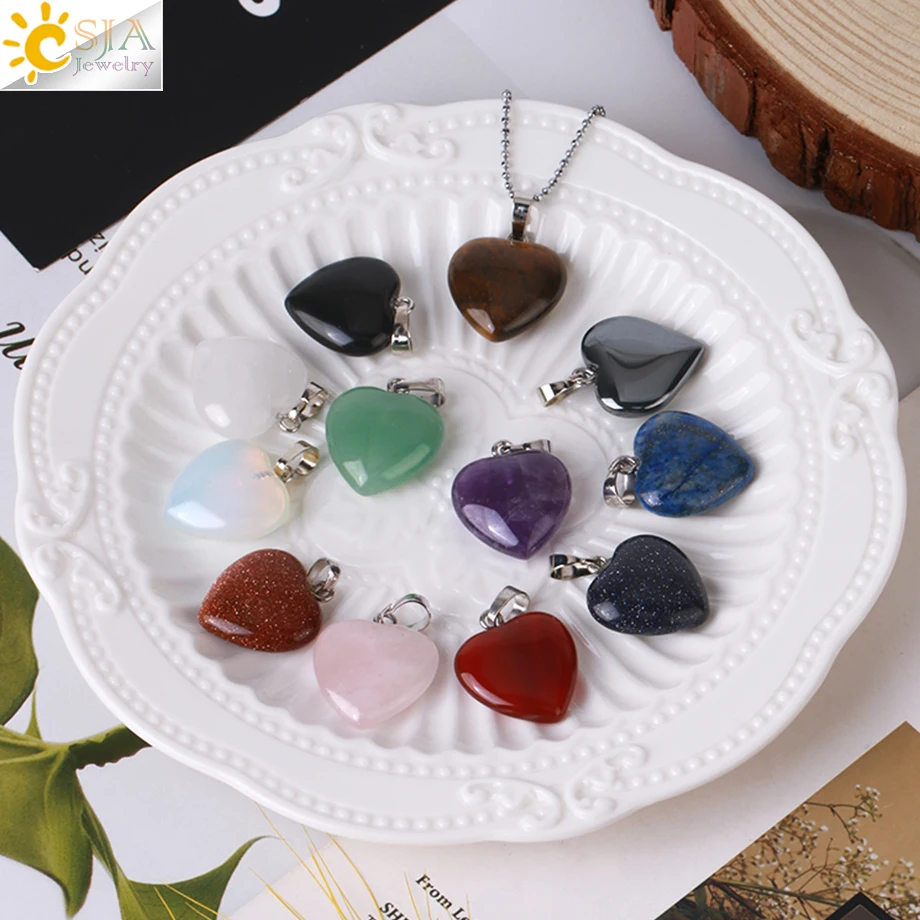 CSJA Heart Crystals Natural Stone Necklaces  Pendants Women Carnelian Pink Quartz Clear Amethysts Crystal Healing Necklace E594