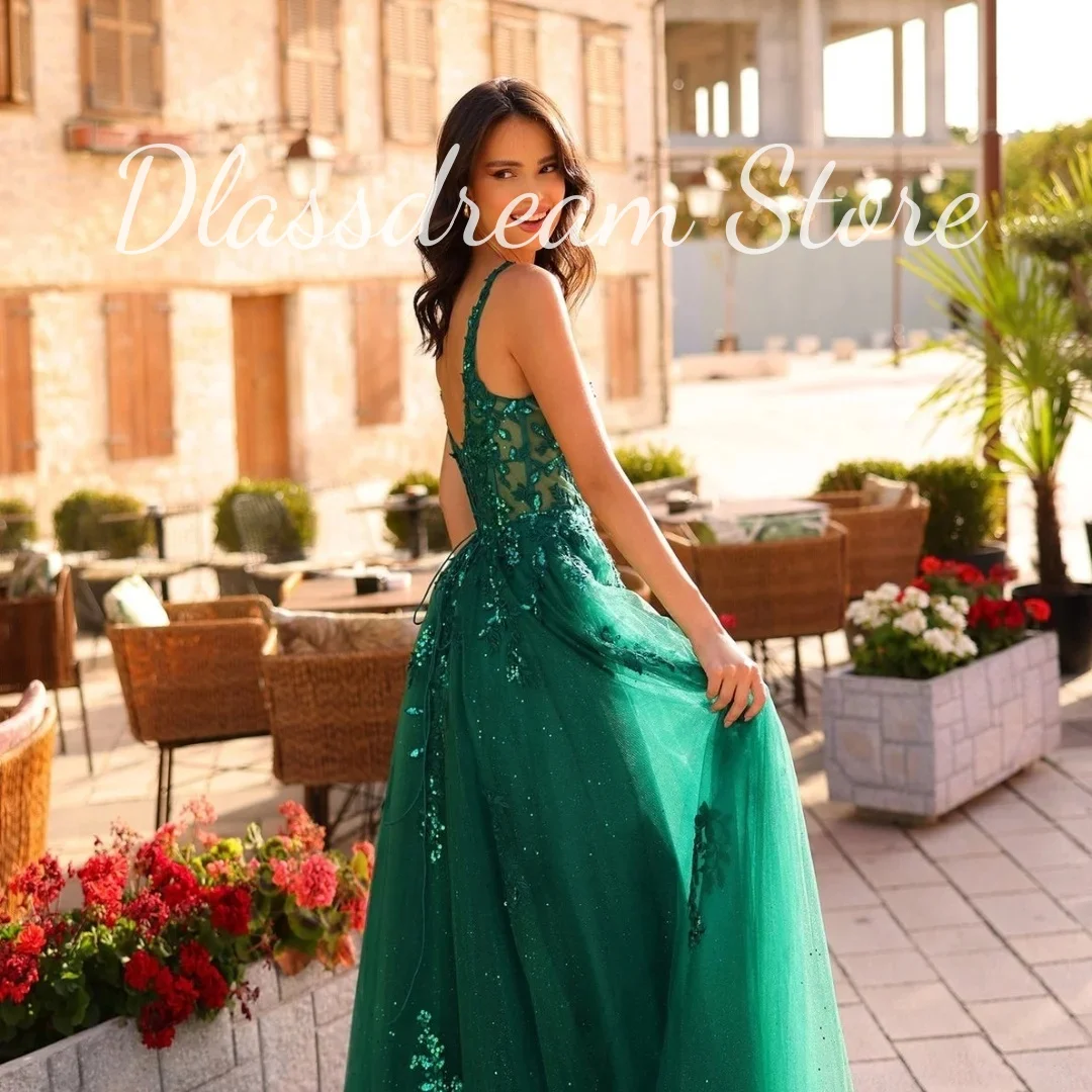 Custom Long Tulle Spaghetti Straps Prom Dresses U-neck Appliques Sequins Backless Homecoming Dress A-line  Elegant Formal Dress