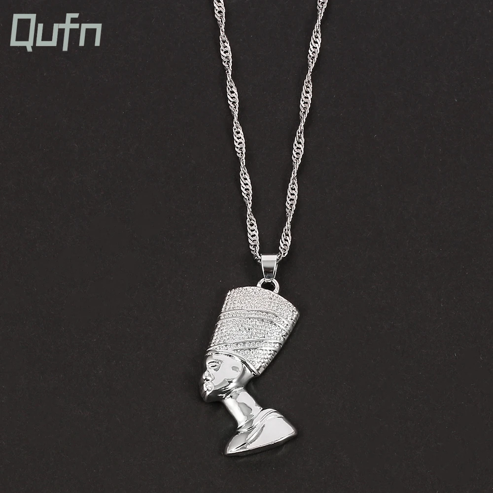 Ancient Egyptian Queen Nefertiti Pendant Necklaces Silver Color Pharaoh Chief Head Portrait Necklace for Hip Hop Jewelry Gift