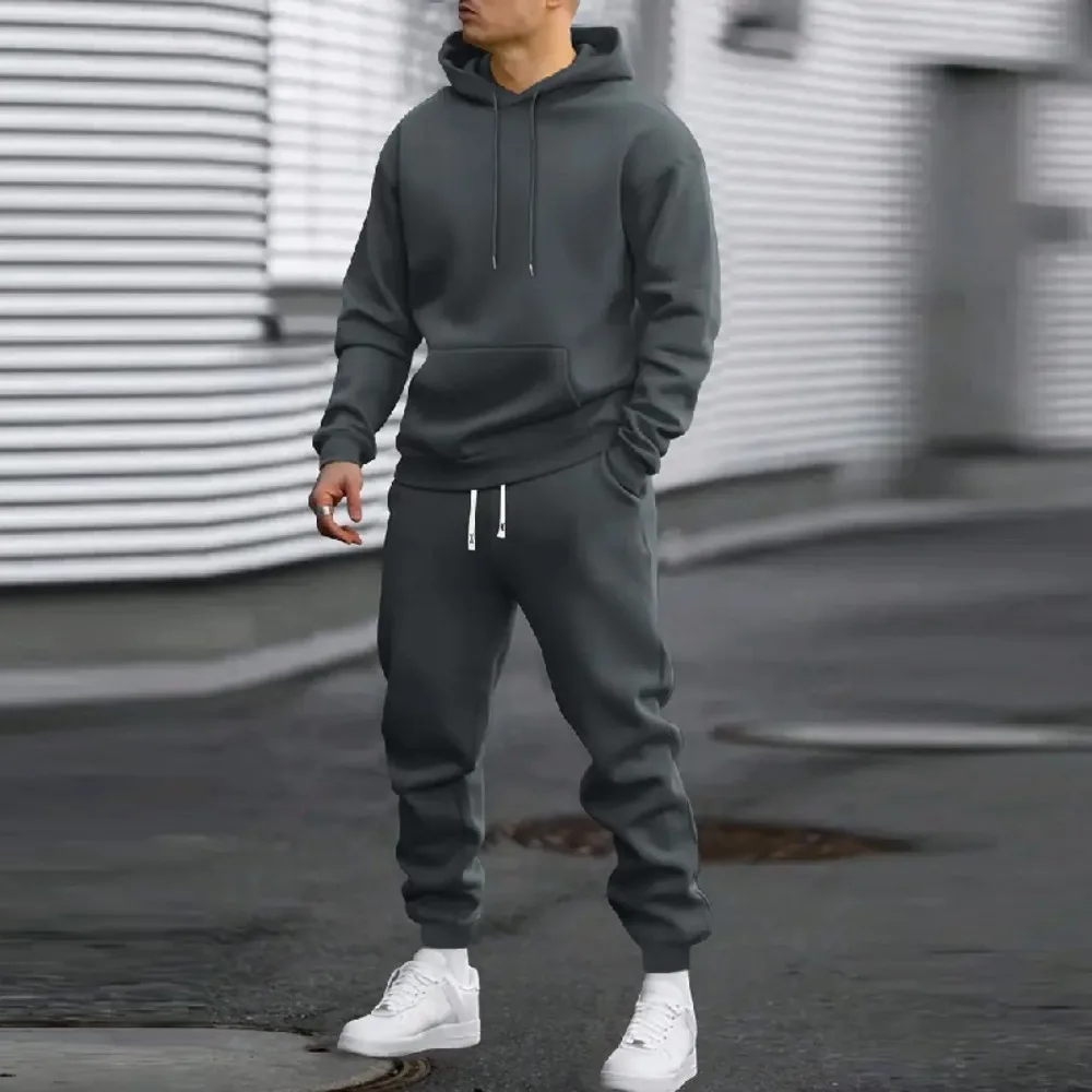 Mens Casual Thickened Hoodie Sweatshirt Pants Set Solid Color Two Piece 2026