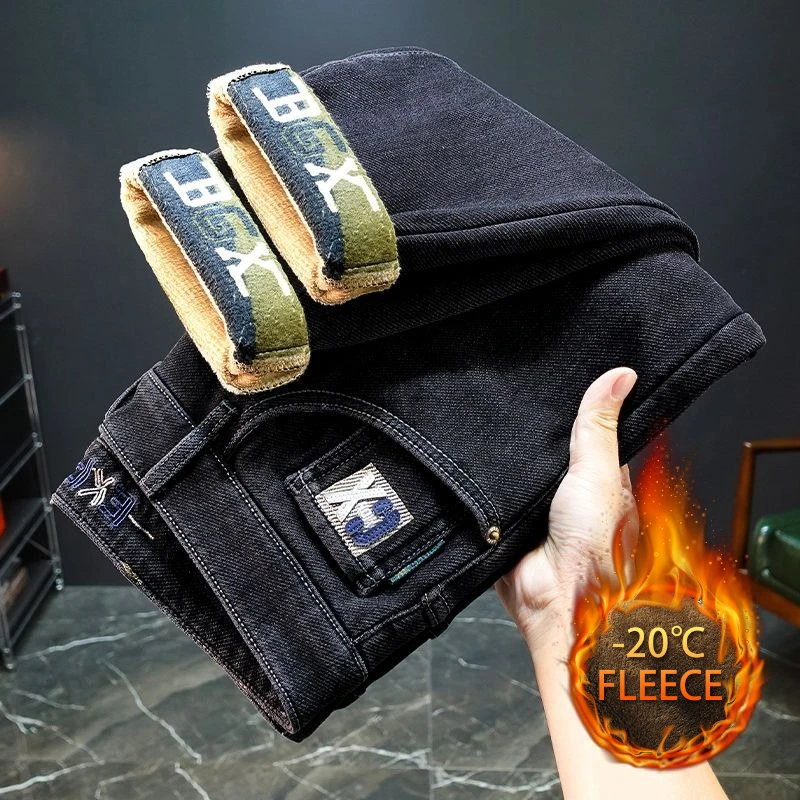 الخريف الشتاء الصوف الجينز الرجال شارع العليا مستقيم سميكة المخملية بانت موضة الدافئة عادية الصوف أفخم الجينز السراويل