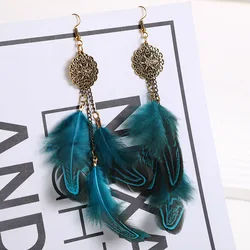 Ethnic Long Feather Earrings Women Bohemian Vintage Gold Color Hollow Flower Handmade Chain Dangle Earring Party Wedding Jewelry