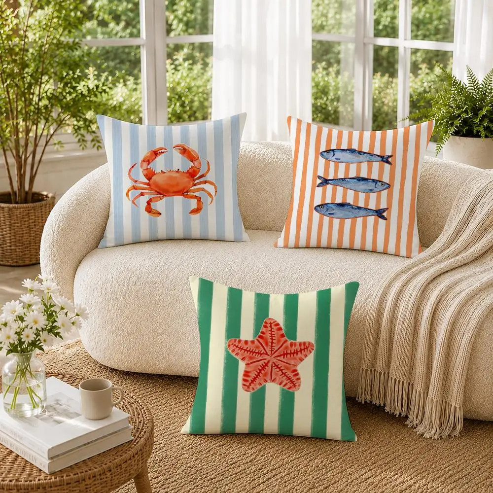 Ocean Life Theme Striped Cushion Cover Soft Short Plush Pillow Cases Hidden Zipper Cutecore Sofa Bedroom Home Decor Gift