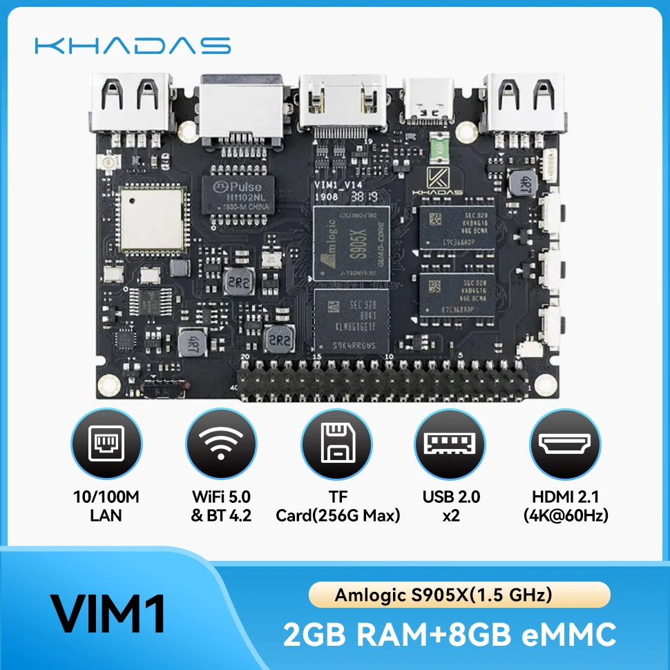 Khadas vim1 Basic Single Board Computer amlogic s905x Quad Core Development Board Arm 64bit Cortex-A53 WLAN ap6212 bt 4,2 2 8GB