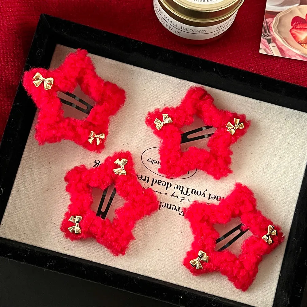 Red Color Plush Star Hair Clip Korean Style Bow Hairpin New Year Hairpin Hair Accessories Barrettes Star Duckbill Clip Daily