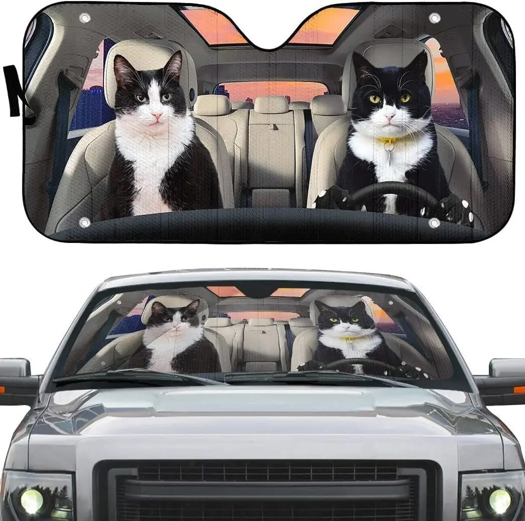 Tuxedo Cat Cute Animals OnWheels City Sight Left Hand Drive Car Sunshade, Tuxedo Cat Couple Driving at Sunset Auto Sun Shade, Wi