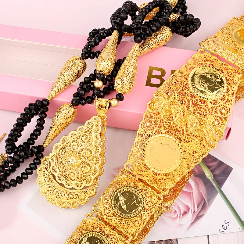 Arabic Bridal Jewelry Set Robe Wedding Accessory Gold Plated Ethnic Muslim Algeria Trajes De Mujer Conjunto 2 Piezas Elegantes