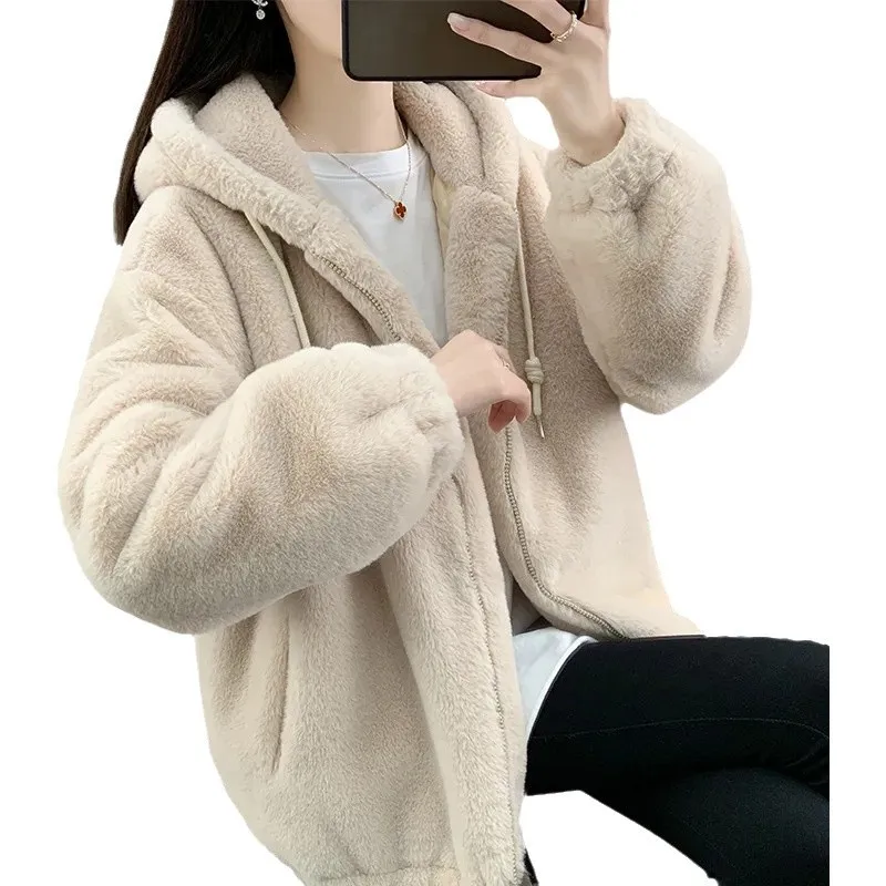 Dwustronny, średniej długości, luźny, ciepły, gruby płaszcz z kapturem, zapinany na zamek, zimowy, pluszowy, damski.