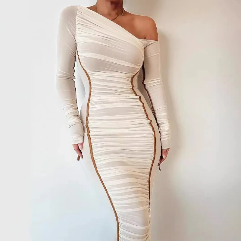 Robes de printemps pour femmes, manches longues, maille épissure, épaule diagonale, jupe mi-longue, mode élégante, robe pliable, nouvelle collection 2026