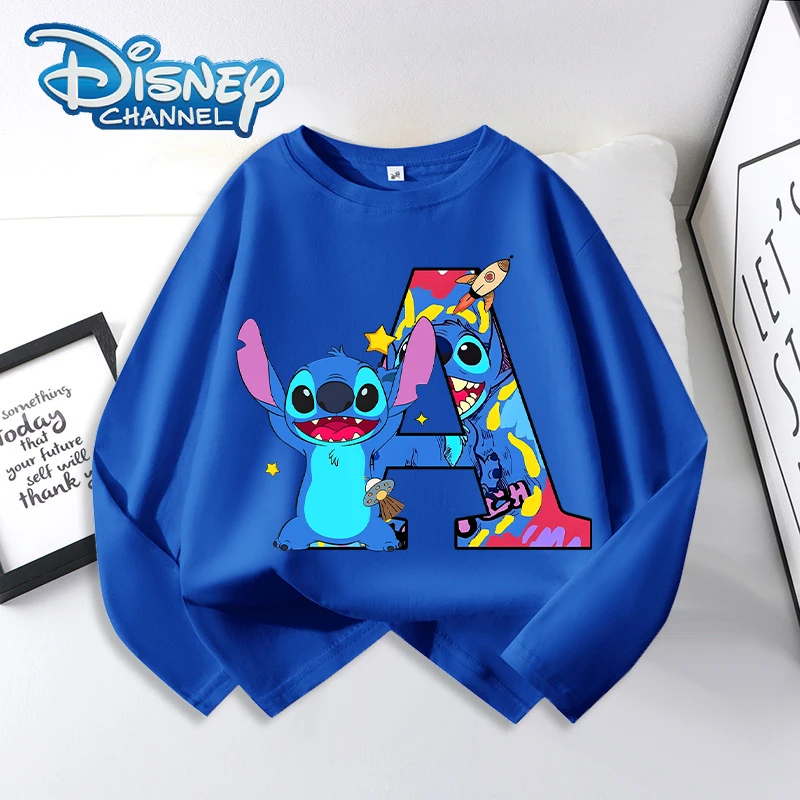 

Stitch Disney T-shirt Long Sleeve Letter A-Z Printed Boys Clothes Cotton Fashion Hip Hop Sportwear Kawaii Stich Birthday Outfits